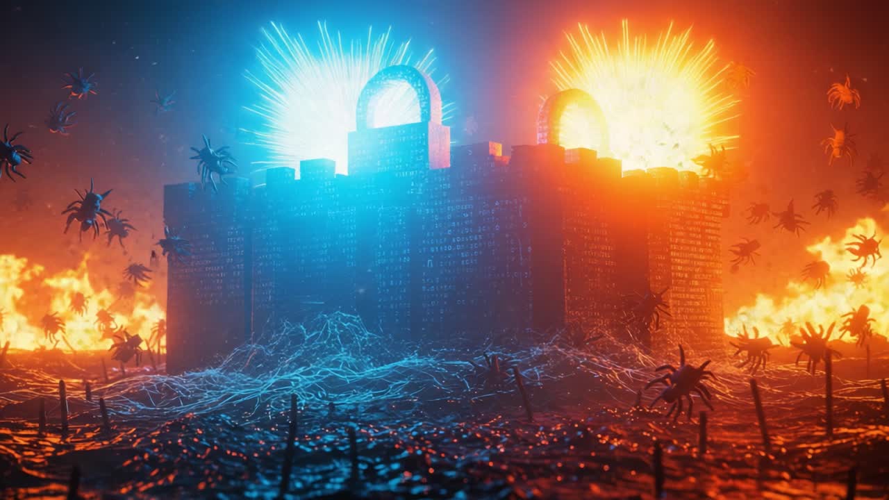 An Epic Clash of Elements: A Fiery Fortress Surrounded by Chaos, Featuring Spooky Spiders and Distorted Energy Waves in a Multimedia Showdown of Light and Darkness