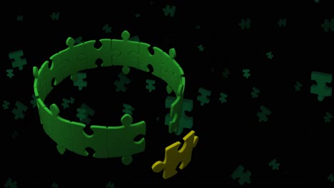 animación de rompecabezas sobre fondo negro con rompecabezas verdes flotantes