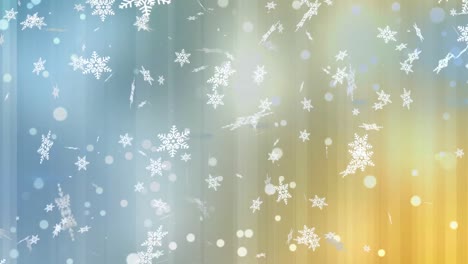 Snowflakes-and-white-spots-floating-against-blue-and-yellow-striped-gradient-background