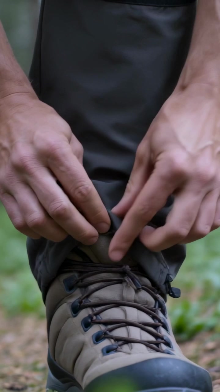 Video verticale: Escursionista si ferma dopo che una foglia si è attaccata al polsino nella foresta, ripiegando il polsino sopra lo scarpone da trekking.