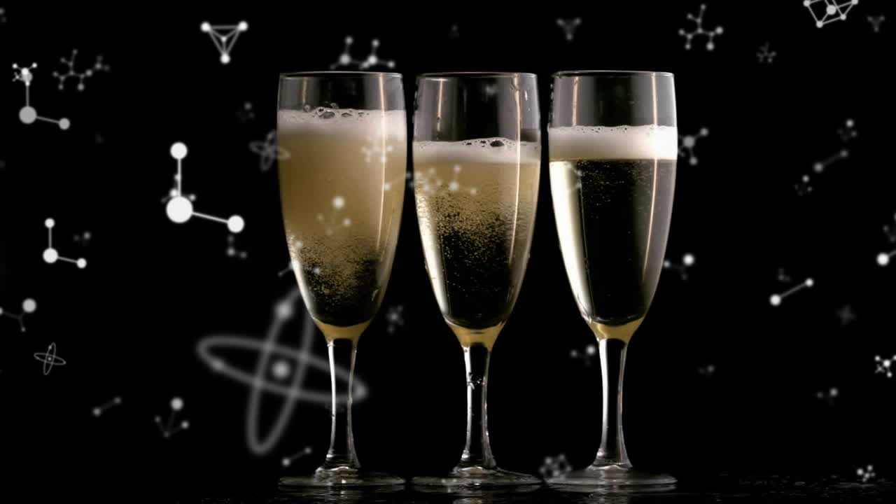 Bubbles starting, molecules drifting right, three flutes showing rising foam, evoking science theme