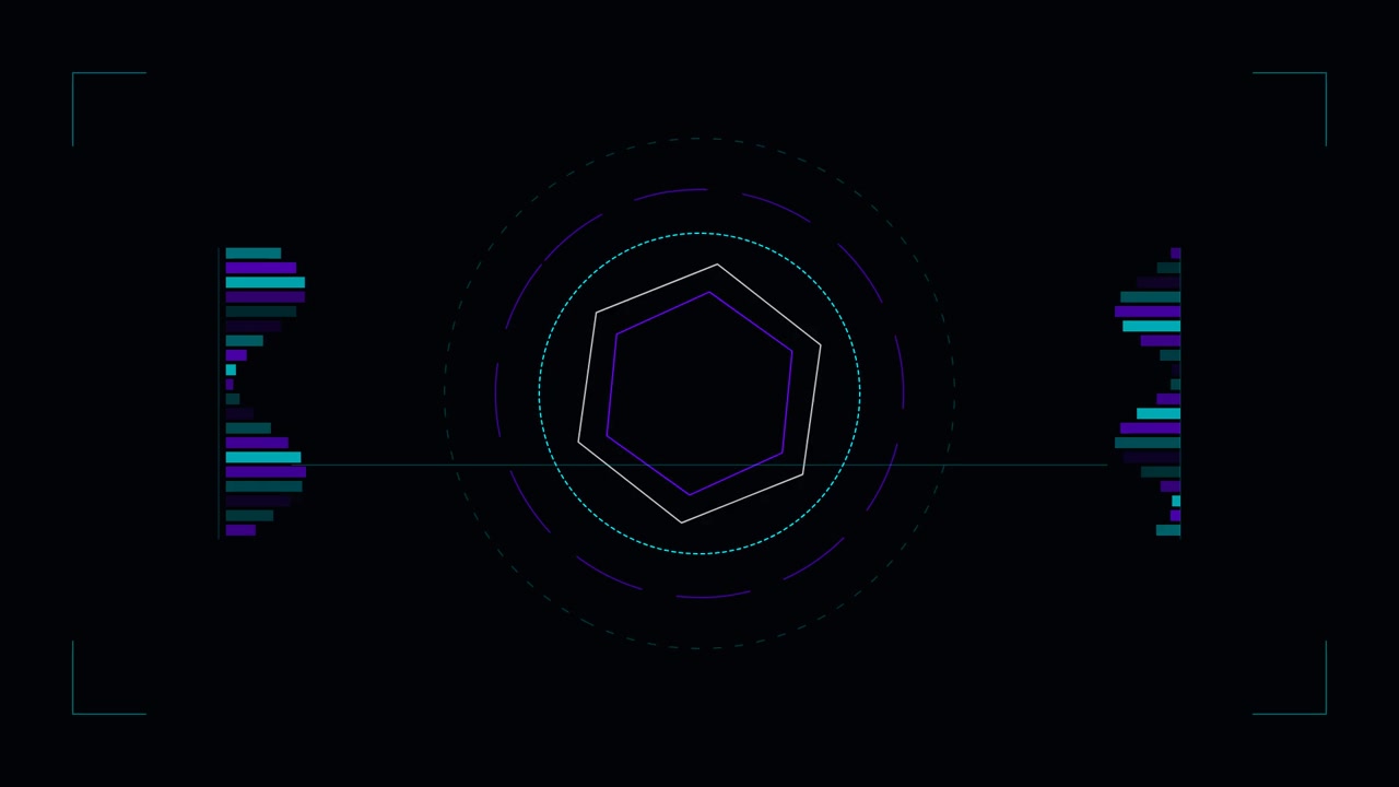 Futuristic Digital Interface with Pulsing Hexagon and Audio Visualizers