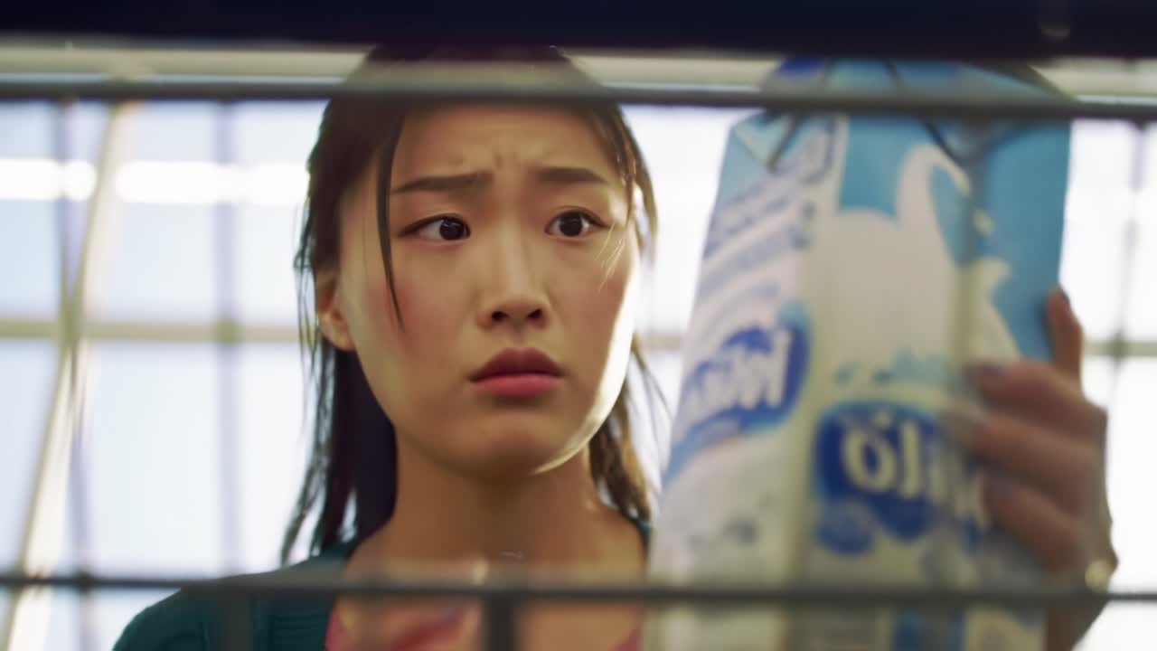 A Young Woman's Pensive Reaction while Selecting a Product from the Refrigerator, Capturing the Moments of Uncertainty and Decision-Making