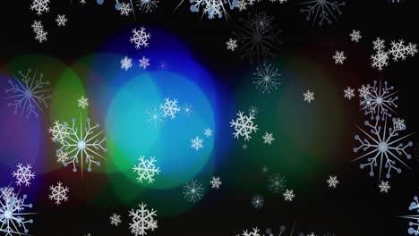 Animation-of-snowflakes-and-christmas-lights-on-black-background