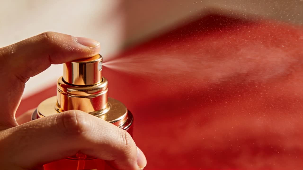 Dito che preme un erogatore dorato in studio, vaporizzando da una bottiglia rossa per diffondere il profumo, con spazio per il testo.