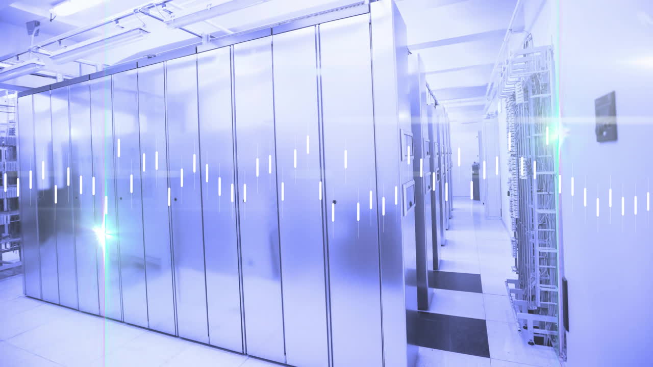 Data processing animation over server racks in modern data center