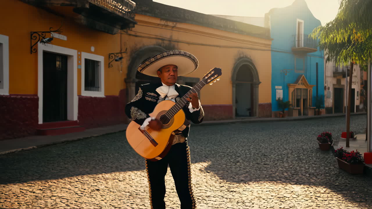 Mariachi musician playing guitar on a colorful street