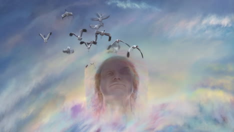 ethereal sky scene with transcendent face and flying birds