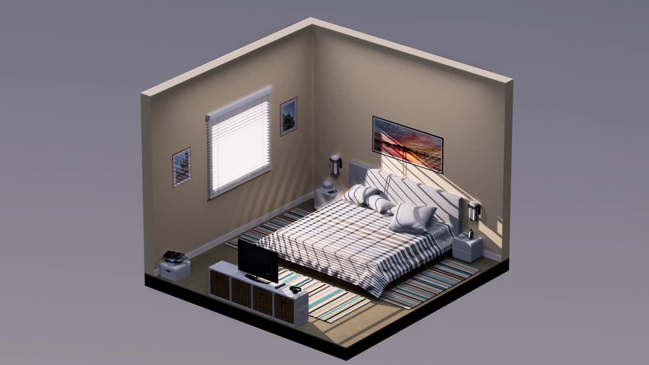 3d 이소메트릭 침실, 침대, 나이트 스테이크, tv, 좌우로 회전, 원활한 루프 3d 애니메이션, 인테리어 디자인 3d 장면
