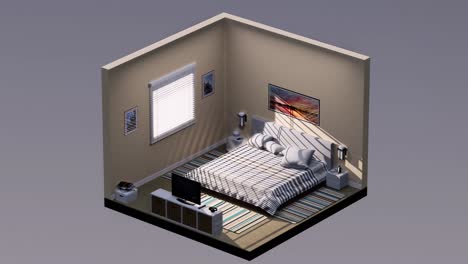 3d isometric bedroom, with bed, nightstands, and tv,, rotating left and right, seamless loop 3d animation, interior design 3d scene