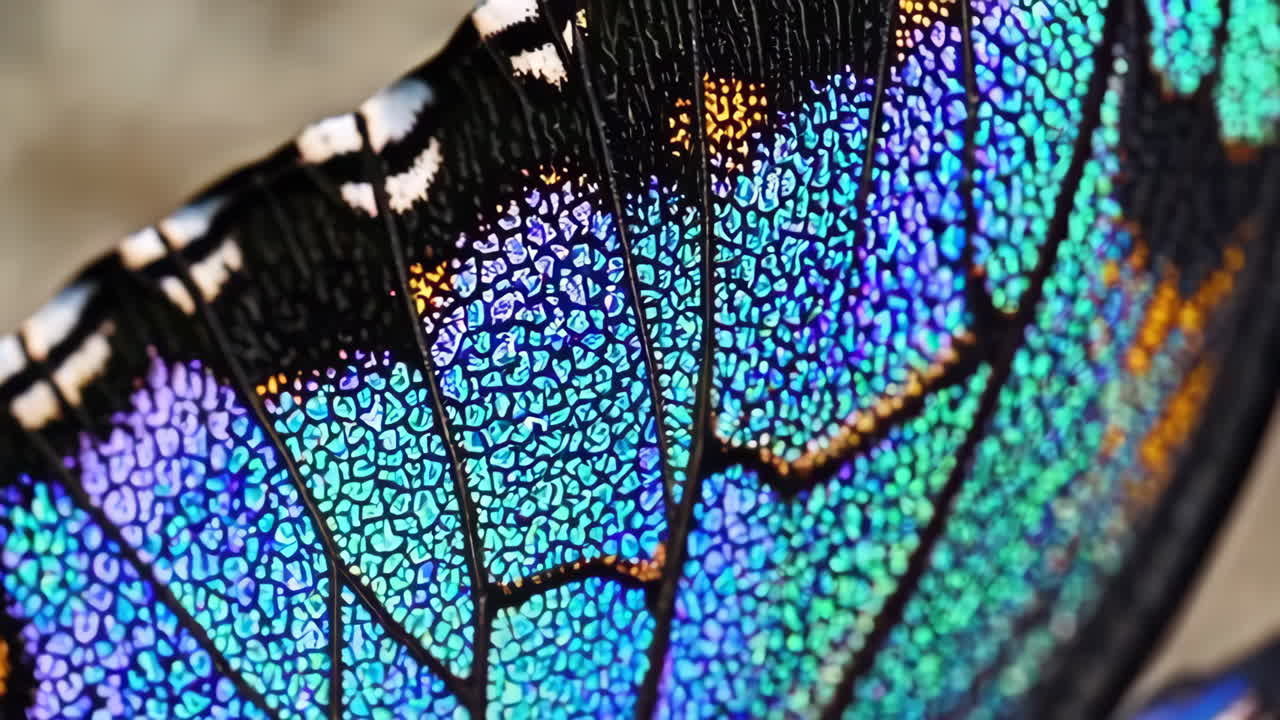 Close-up of an iridescent butterfly wing with vibrant colors