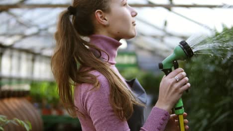 Closeup view of young attractive female gardener in uniform watering plants with garden hose in greenhouse. Slowmotion shot
