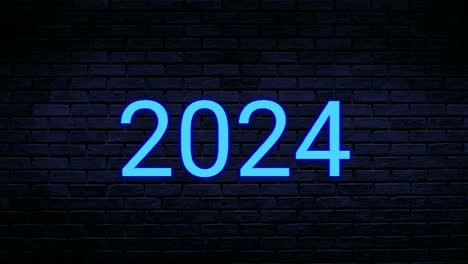 neon number 2024 blue animation motion graphics on brick wall background