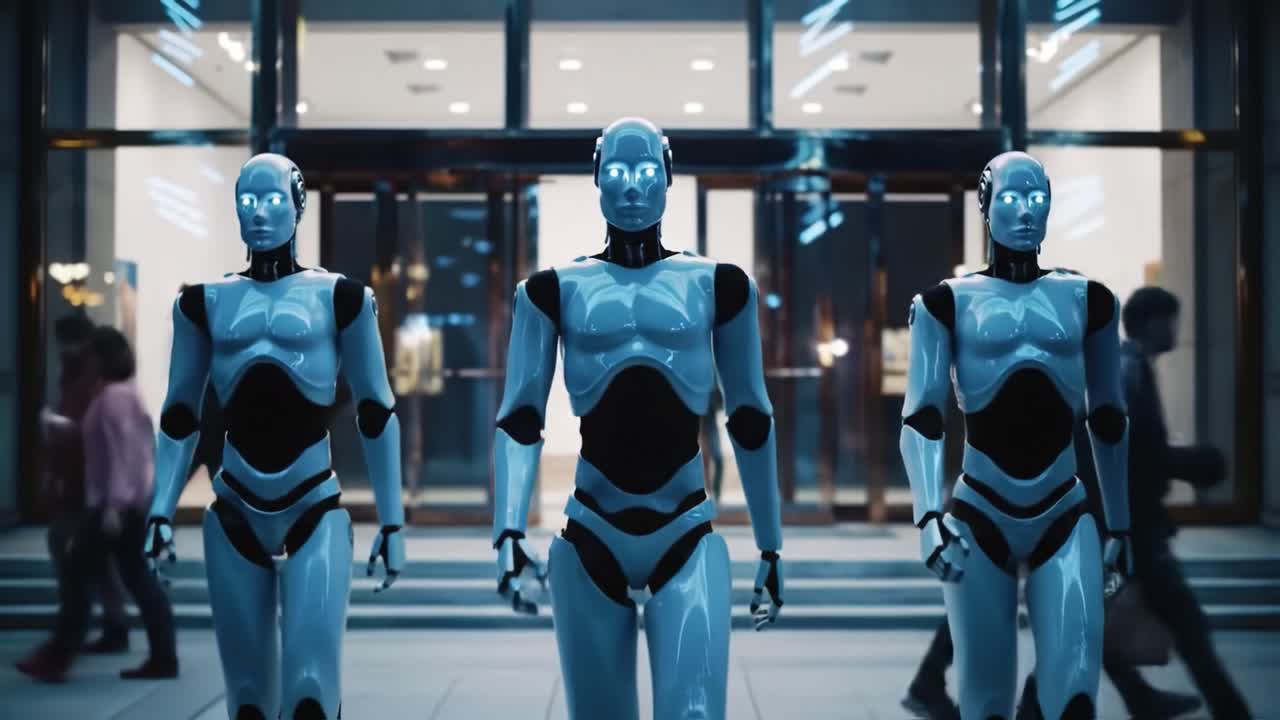 A Stunning Display of Advanced Robotics: Three Humanoid Robots with Elegant Design and Luminous Features Strolling in an Urban Environment at Night