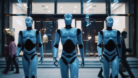 a stunning display of advanced robotics: three humanoid robots with elegant design and luminous features strolling in an urban environment at night