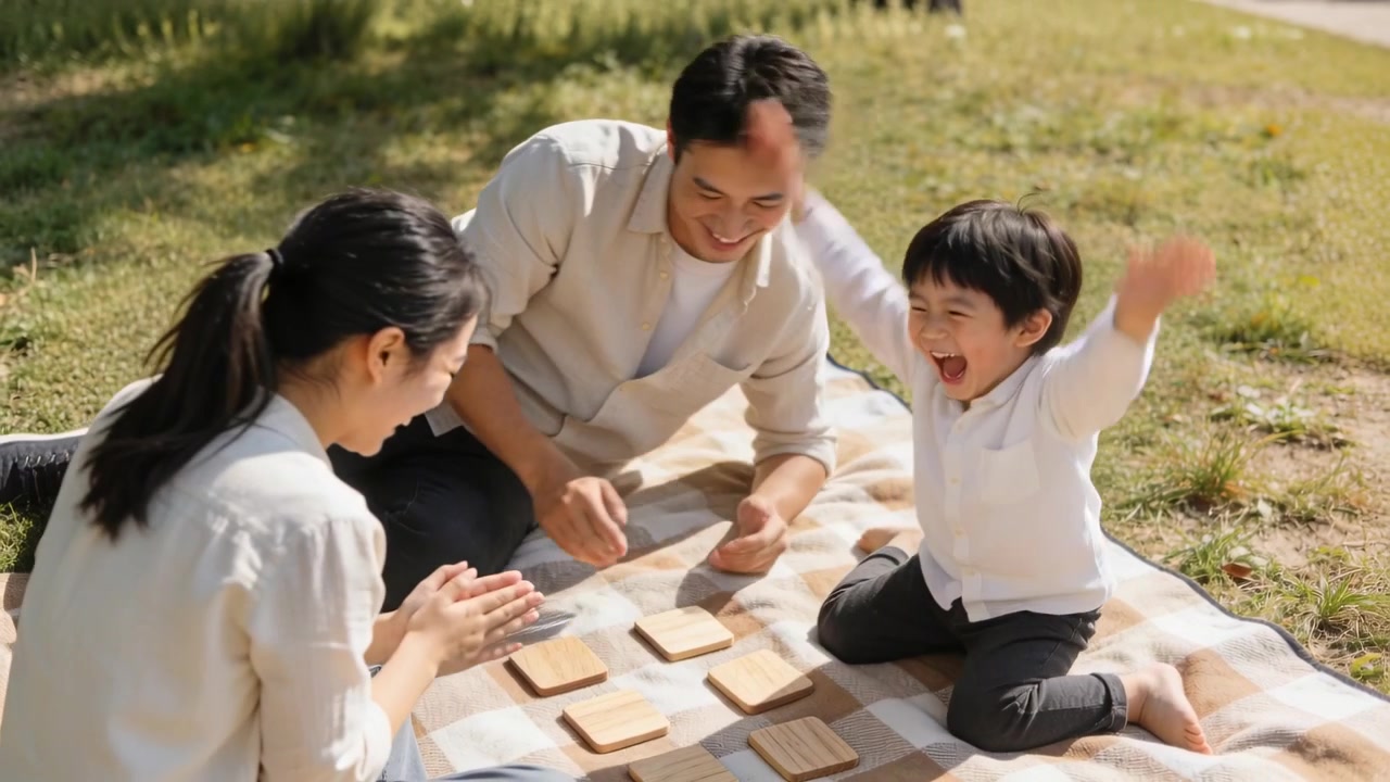 Người cha chỉ dẫn đứa trẻ đang quỳ lật các ô trên tấm chăn kẻ caro, cha mẹ đang ăn mừng.