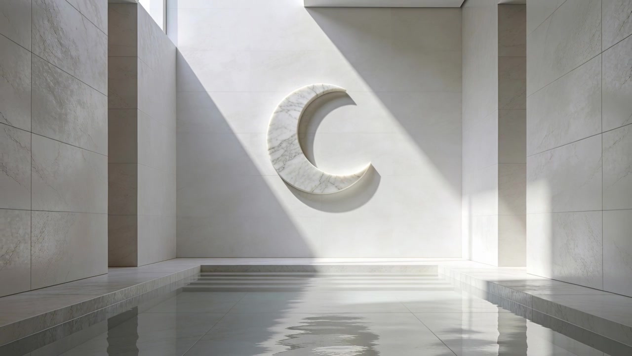 Un raggio di sole mutevole illumina la piscina riflettente nella spa, creando increspature e un riflesso a mezzaluna in movimento.