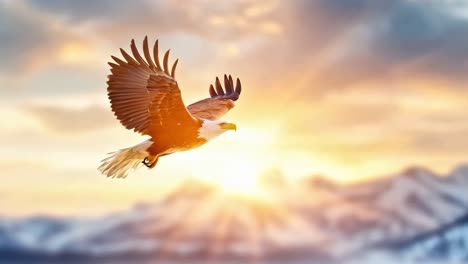 bald eagle soaring over mountains at sunset