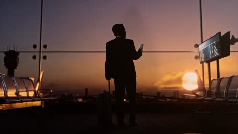 vista trasera completa del cuerpo de un hombre de negocios asiático con una maleta rodante en la sala de embarque del aeropuerto, usando un teléfono inteligente mientras espera el vuelo, el avión despega fuera de la ventana al atardecer