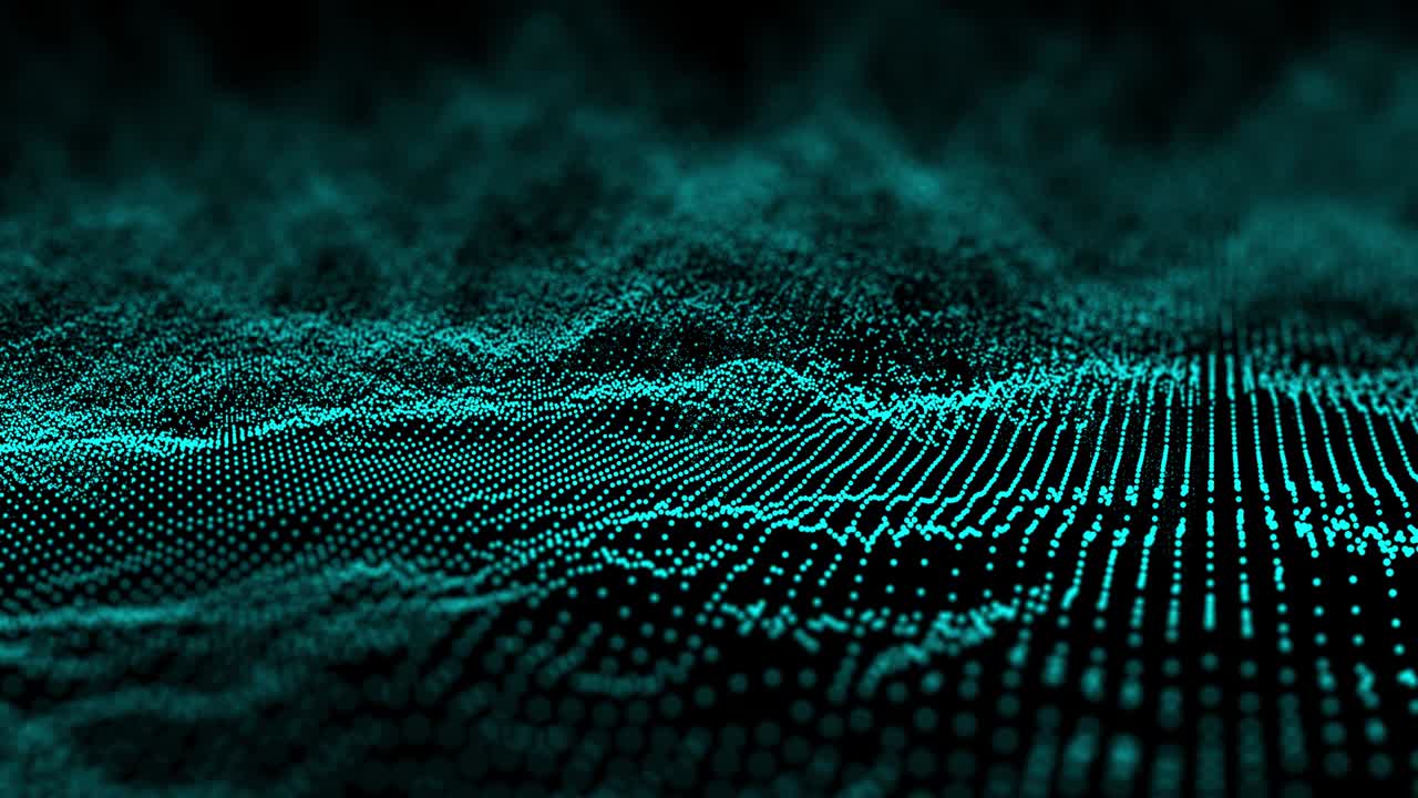 4K Abstract dark background with moving loop and flicker particles.Motion graphic Backdrop of ball dot Animation of seamless.Digital green glow wave light loopable.Depth focus and blur footage video.