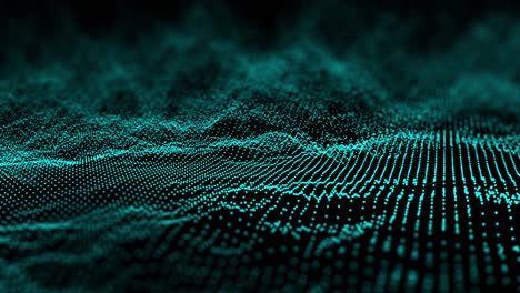 4k abstract dark background with moving loop and flicker particles.motion graphic backdrop of ball dot animation of seamless.digital green glow wave light loopable.depth focus and blur footage video.
