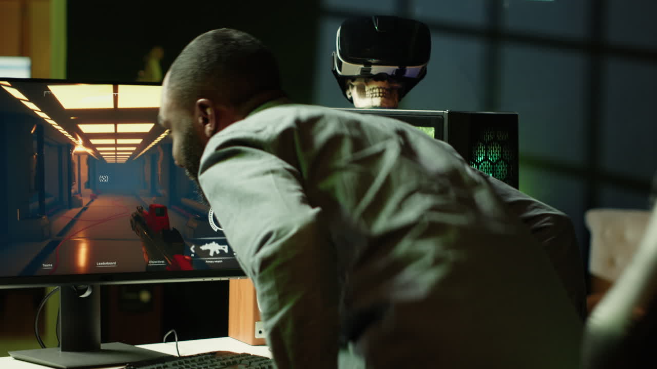 Man arriving at home to play videogames on gaming PC at computer desk