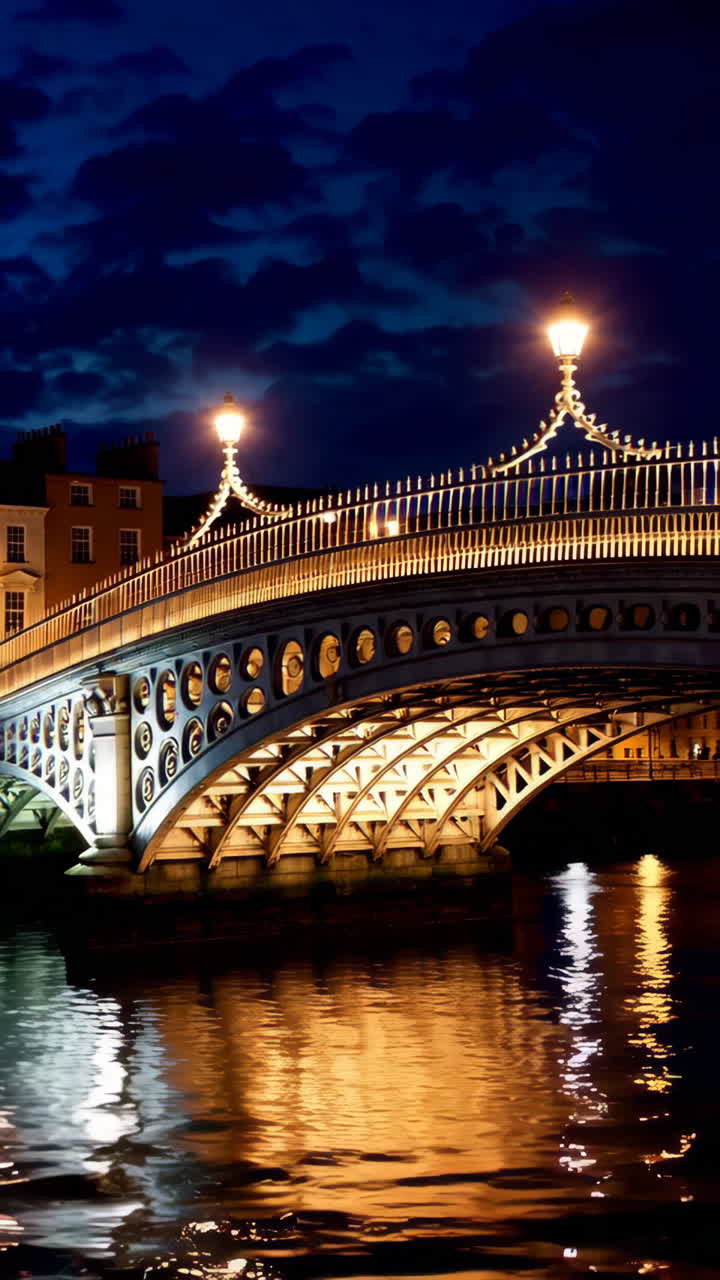 Illuminated Ha'penny Bridge in Dublin at Night