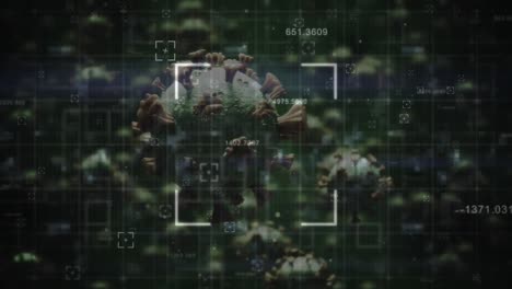 animation of changing numbers and scope scanning over covid-19 cells against green background