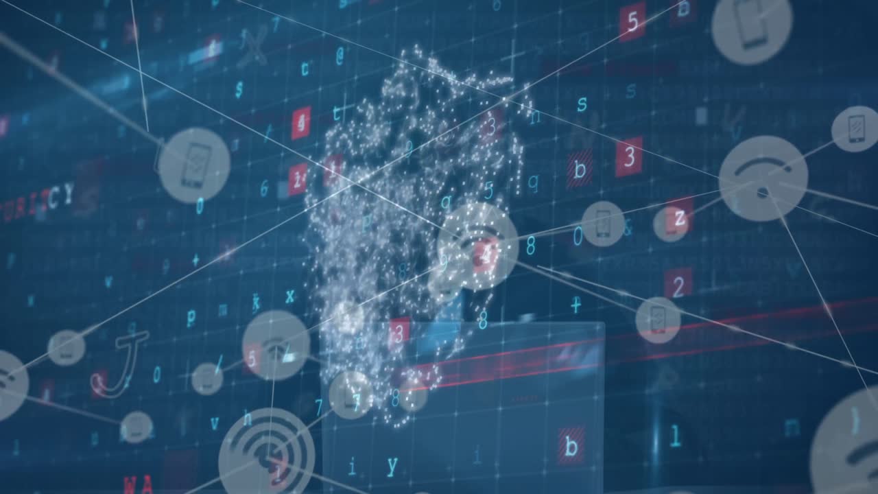 파란색 배경 위에 보안 방패를 가진 디지털 인터페이스의 애니메이션