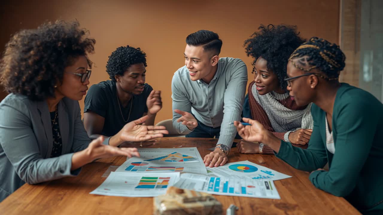 Pointing left presenter in blazer initiating meeting at table, team leaning over charts, aligning
