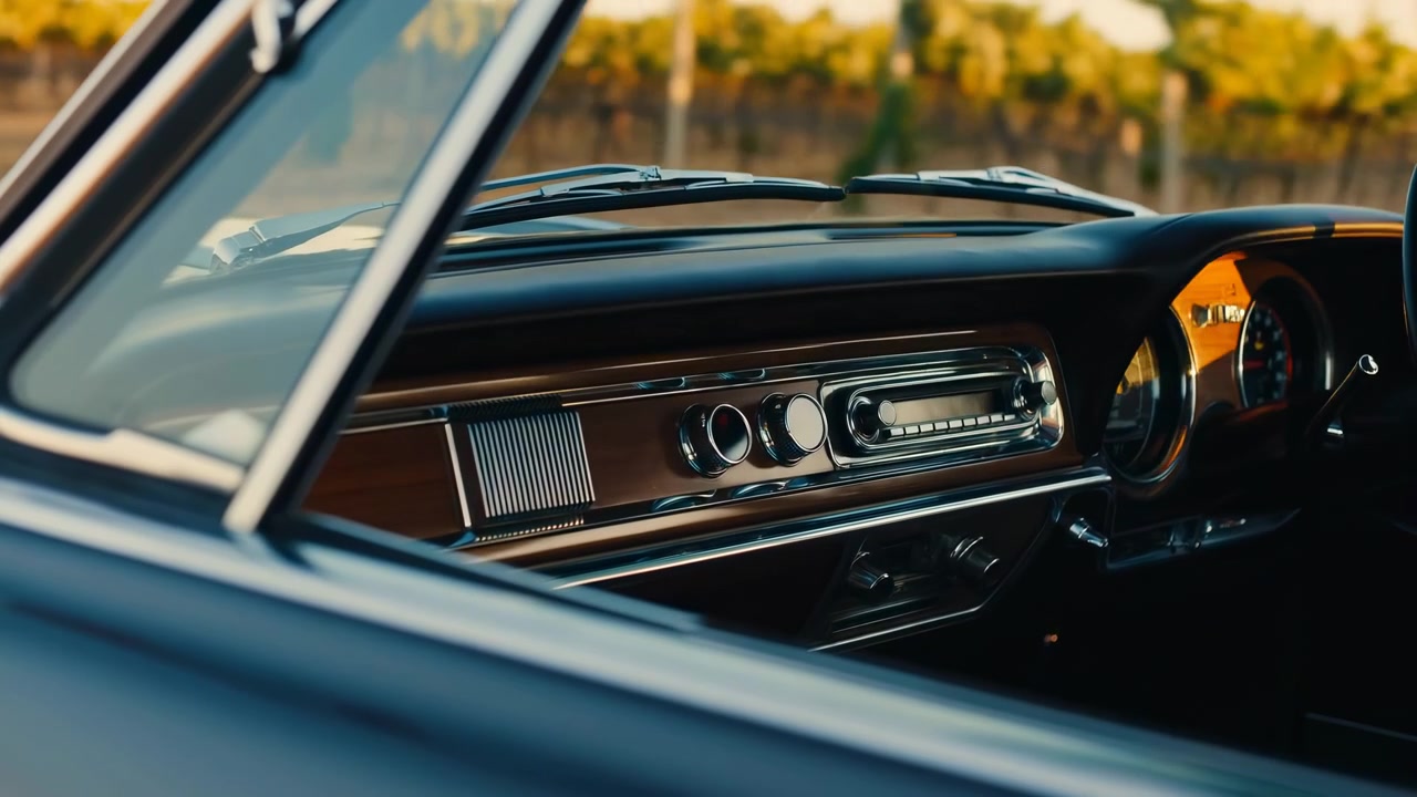 Sonnenlichtdurchfluteter Innenraum eines Oldtimers mit poliertem Holzarmaturenbrett, Rundinstrumenten, Chromradio, Lenkrad und offenem Fenster mit unscharfen Bäumen.