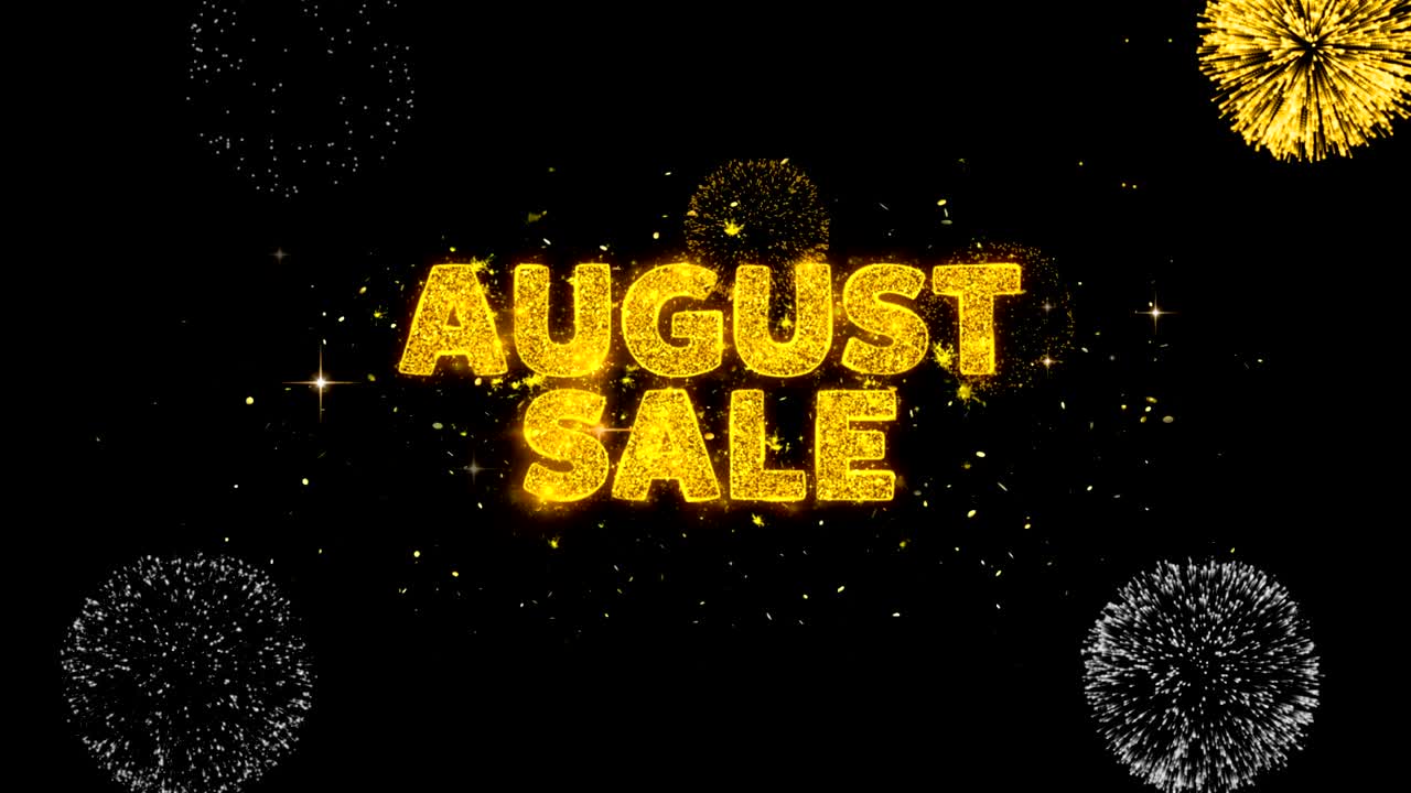8 월 판매 텍스트는 반이는 황금 입자 불꽃놀이에 나타납니다.