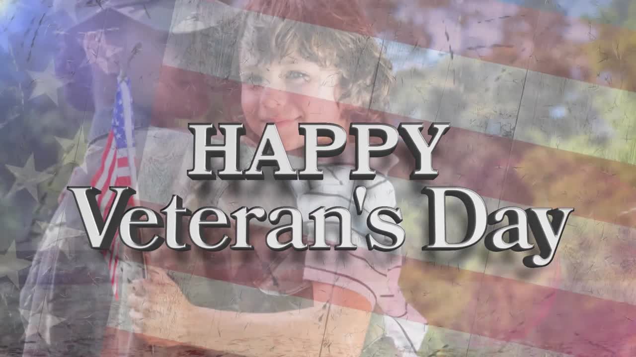 Animation of happy veteran's day text over diverse female soldier with her son and american flag