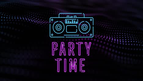 Animation-of-party-time-text-and-spots-over-black-background