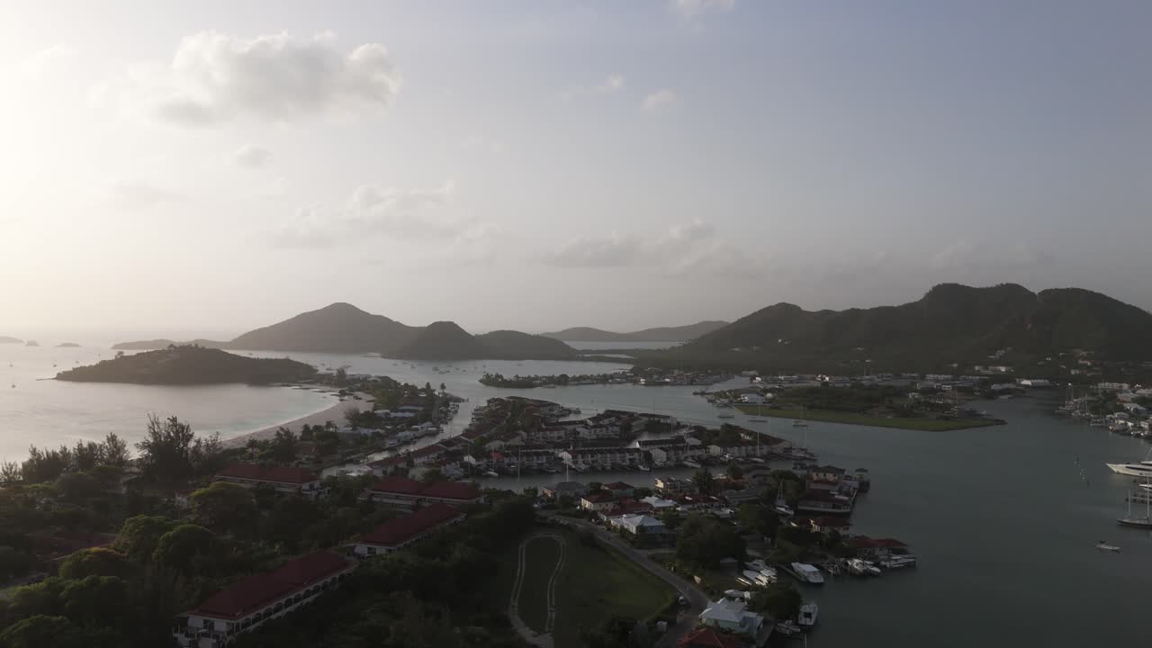 Aerial View of a Picturesque Coastal Town in the Caribbean