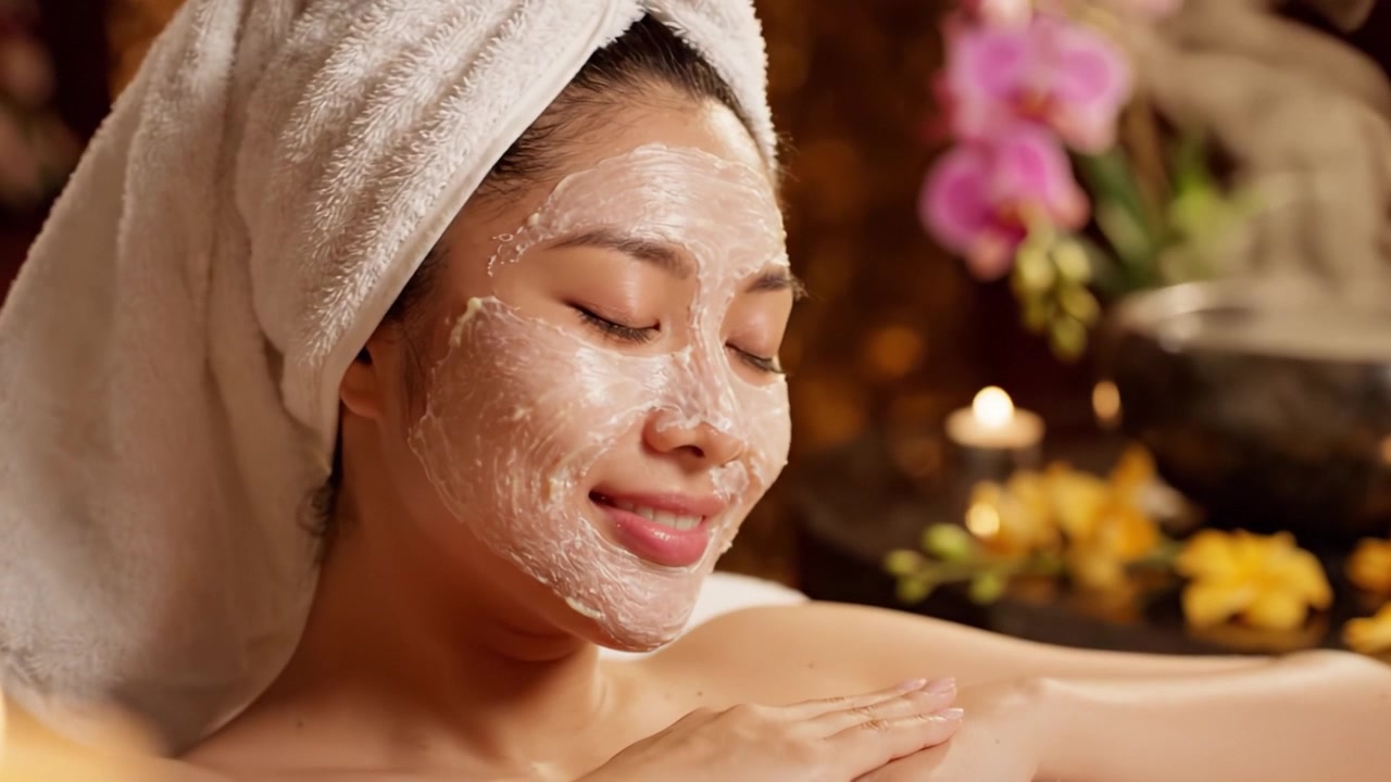 Relaxing Spa Treatment: A Serene Woman Enjoys a Facial Mask During a Luxurious Self-Care Session Surrounded by Candles and Floral Accents