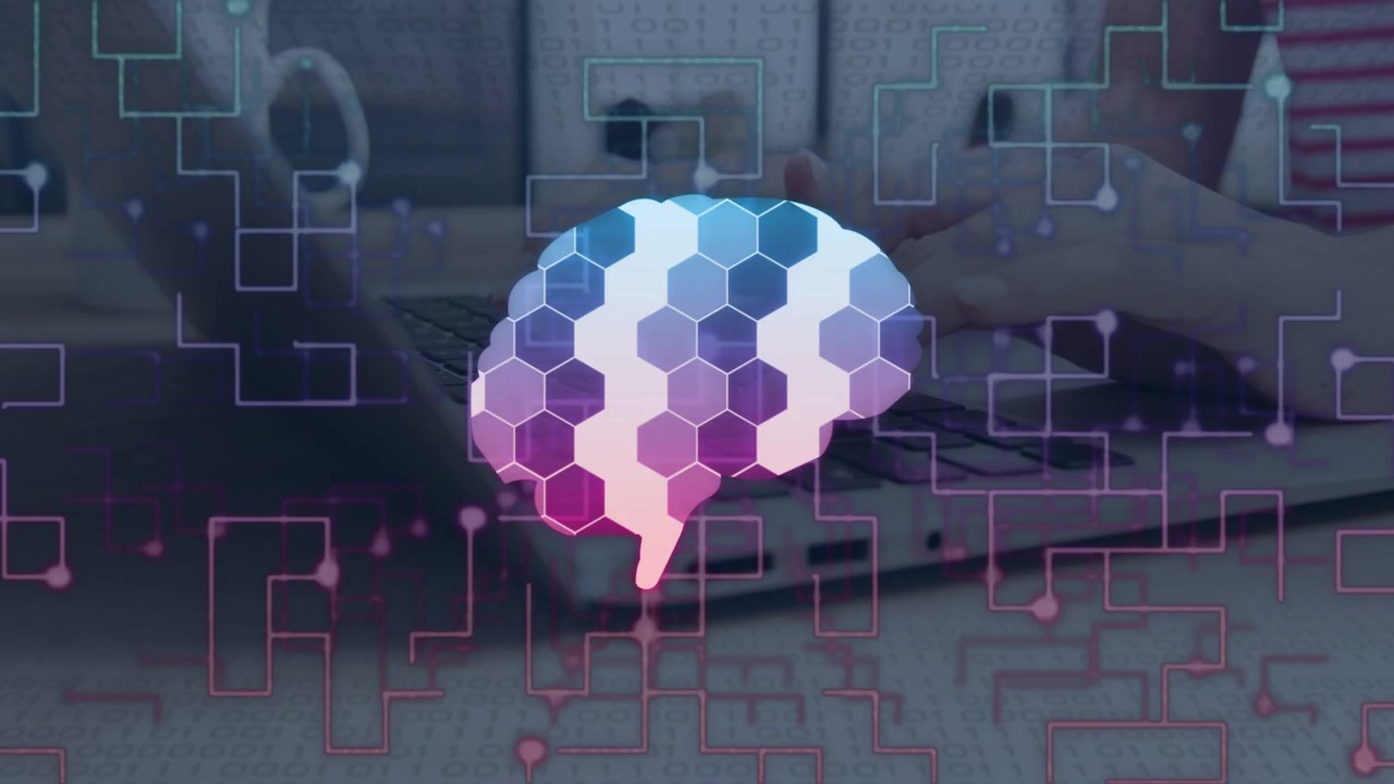 Woman typing on laptop, starting pulsing AI brain overlay cycling blue-pink hex circuits showing AI