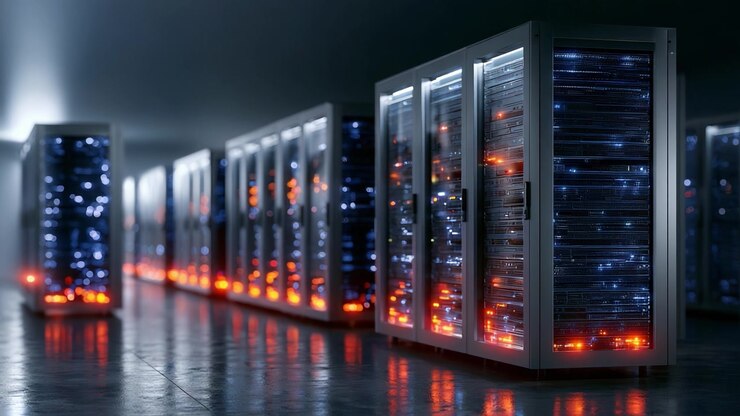 Uno sguardo al cuore della tecnologia moderna: file di server ad alte prestazioni illuminati da luci LED in un ambiente di data center elegante.