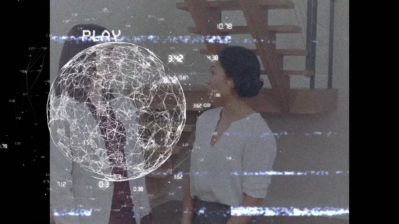 animación de la pantalla de reproducción con datos de procesamiento de red global y colegas que trabajan en la oficina