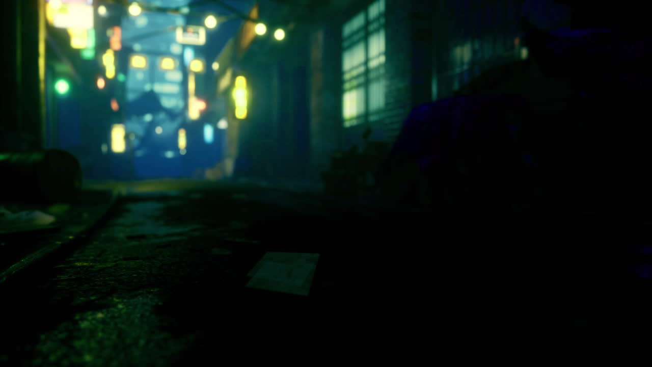 Mysterious alley illuminated by neon lights at night in an urban setting