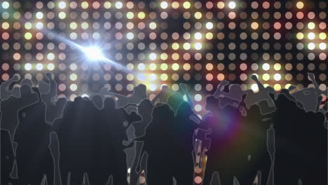 Digitale-Animation-Eines-Lichtflecks-über-Der-Silhouette-Von-Menschen,-Die-Gegen-Gelbe-Lichter-Tanzen