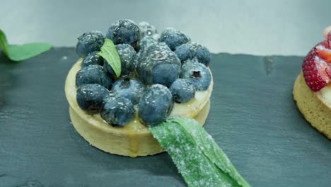 blueberry custard mini cake with mint leaves