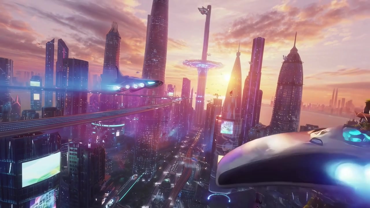 Aerial View of a Vibrant Sci-Fi Metropolis at Dusk