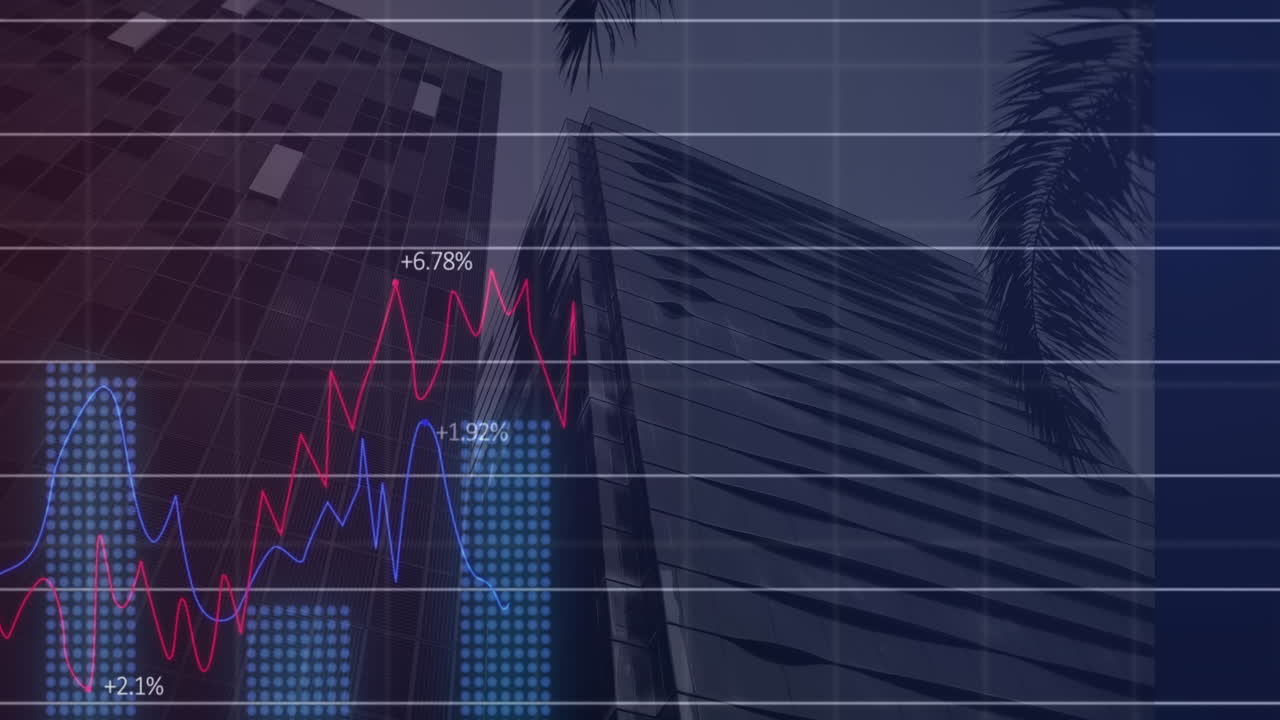 animación de múltiples gráficos con números cambiantes sobre vista de ángulo bajo de edificios contra el cielo