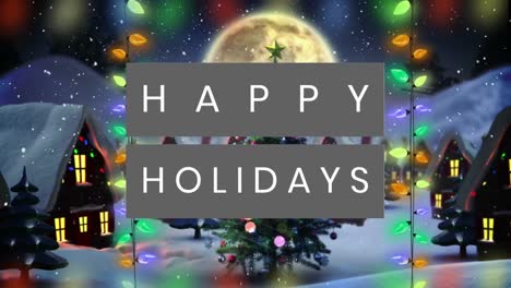 Animation-of-happy-holidays-text-banner-and-snow-falling-over-christmas-tree-on-winter-landscape