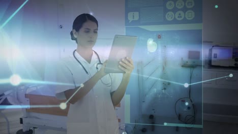 red brillante de conexiones y pantalla con procesamiento de datos médicos contra el médico masculino que utiliza la excavación