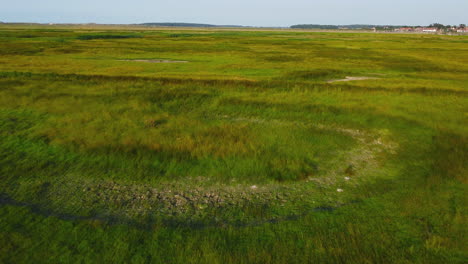 Drohnenaufnahme-Aus-Der-Luft,-Die-über-Grüne-Salzwiesen-Fliegt,-Mit-Burnham-Overy-Staithe-Im-Hintergrund-In-North-Norfolk,-Großbritannien