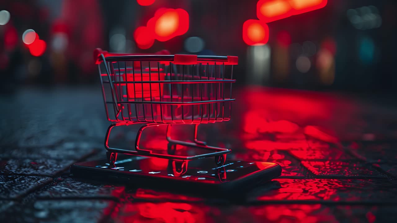 Miniature Shopping Cart on a Smartphone with Red Neon City Lights