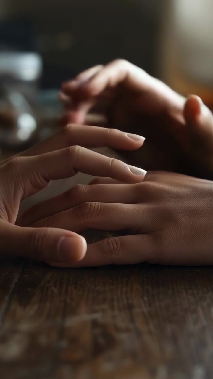Vertical video: Upper hand placing gentle strokes on lower hand at wooden table, showing wellness