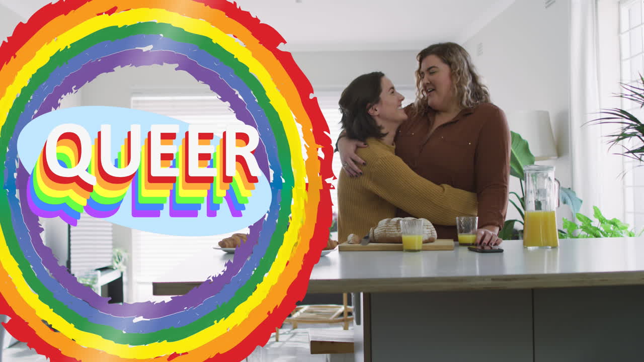 animación de arco iris y extraño sobre pareja de lesbianas en la cocina